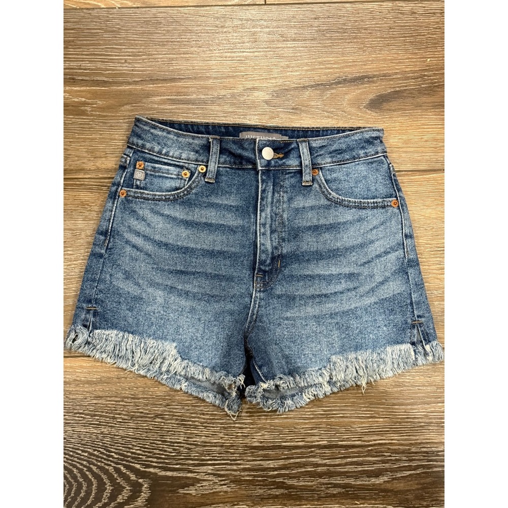 NWT JUSTUSA Emilia Denim Shorts Blue Frayed Raw Hem High Rise Sz S BOHO Western